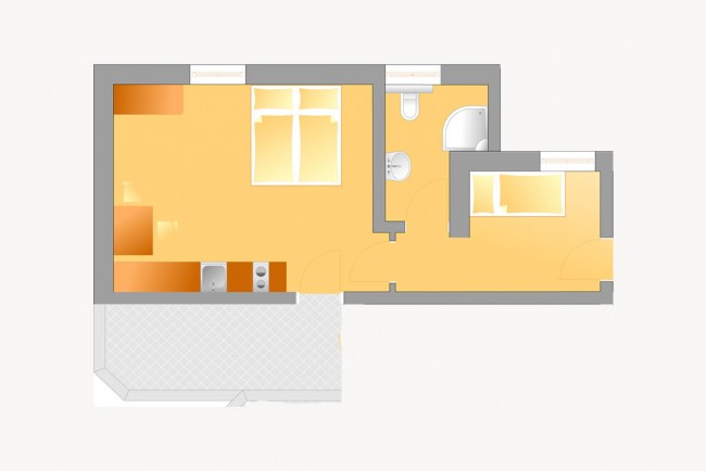 Skizze vom Appartement E für 2-3 Personen im 1. Obergeschoss