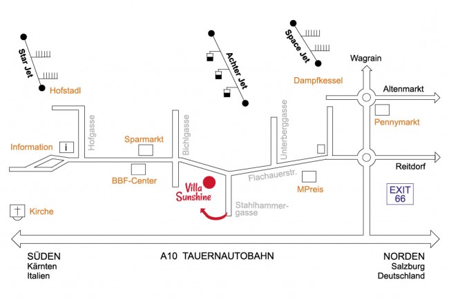 Anfahrtsplan zu den Appartements "Villa Sunshine" in Flachau